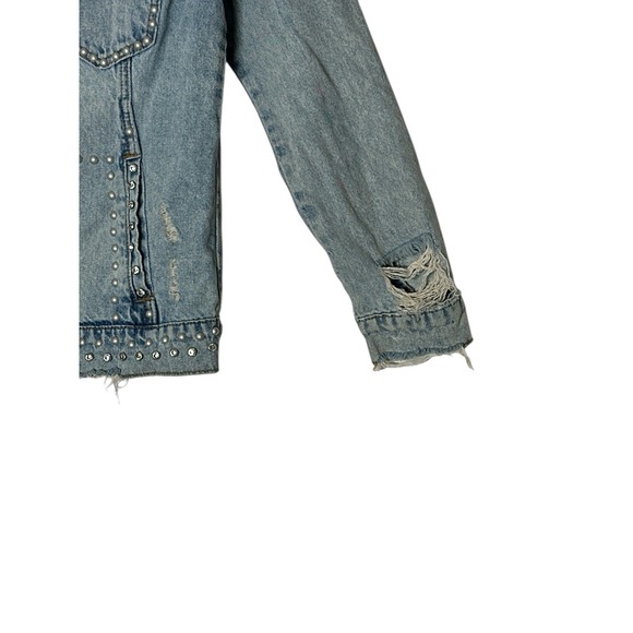BLANKNYC Denim Jacket Womens XS Blue Studded Pearl Distressed Star Oversized - Picture 9 of 10